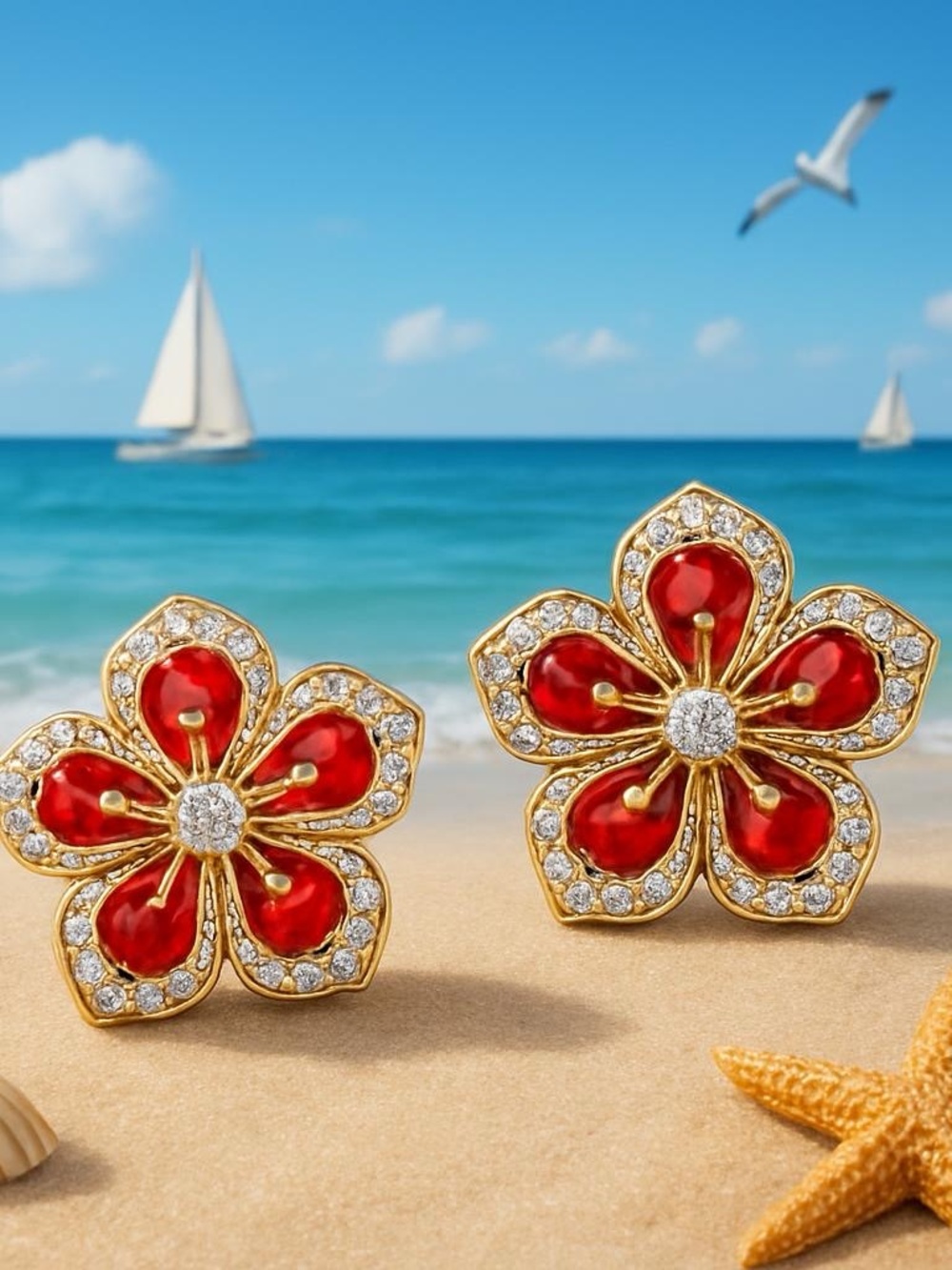 Flower Burst Red, Gold and White Crystal Earrings for Christmas Holiday